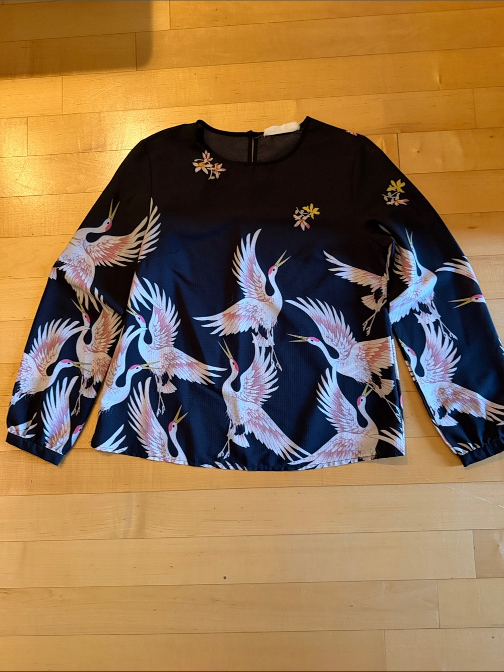 Boutique Black Crane-Print Long Sleeve Blouse with Pink & White Birds